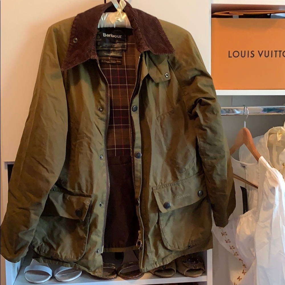 Barbour Olive Green Waxed Jacket with Brown Corduroy Collar